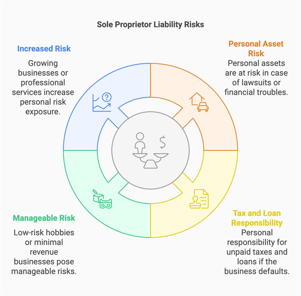 Circular infographic depicting the risks of being a sole proprietor, including increased risk, personal asset risk, tax and loan responsibility, and manageable risk.