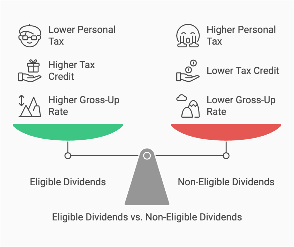 Infographic comparing Eligible Dividends versus Non-Eligible Dividends in Canada, depicting lower personal tax, higher tax credit, and higher gross-up rate for eligible dividends, versus higher personal tax, lower tax credit, and lower gross-up rate for non-eligible dividends, with icons representing tax benefits and burdens.